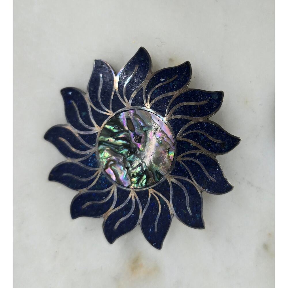 Vintage Taxco Mexican Sterling‎ Silver Abalone Enamel Sunburst Brooch Eagle Mark